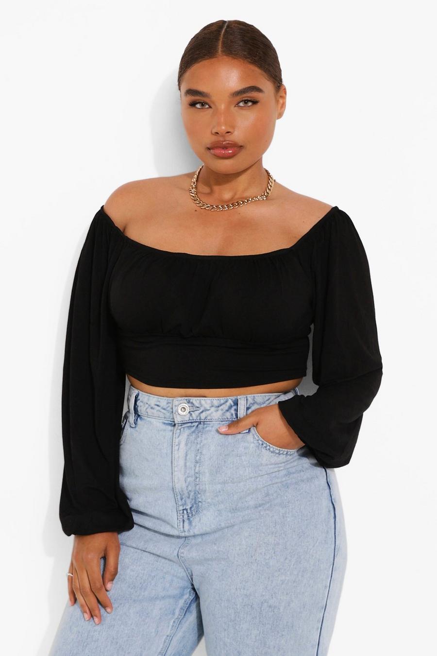 Black Plus Ruched Bust Balloon Sleeve Top image number 1
