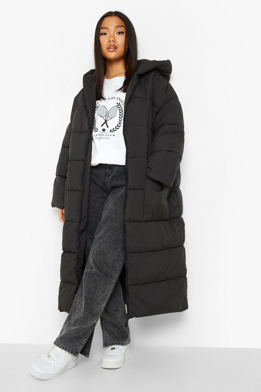 Black Petite Hooded Longline Puffer Coat image number 1