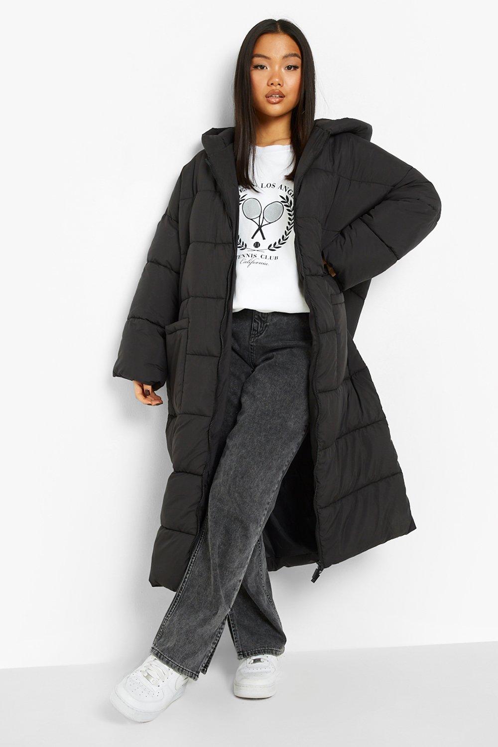 Boohoo longline padded coat hotsell with hood in black