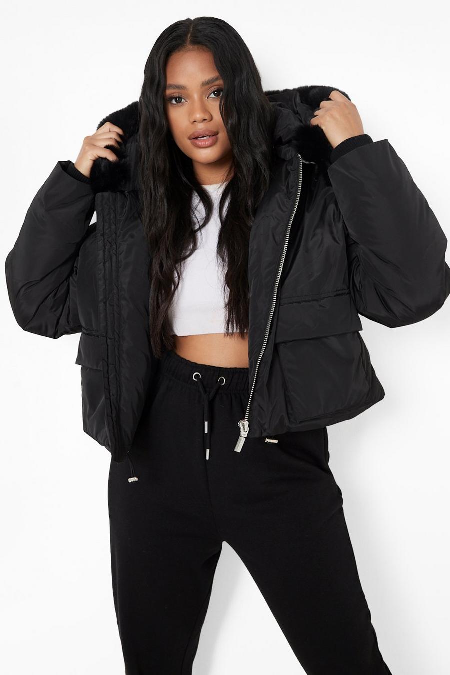 Black Petite Faux Fur Hooded Puffer Bomber image number 1