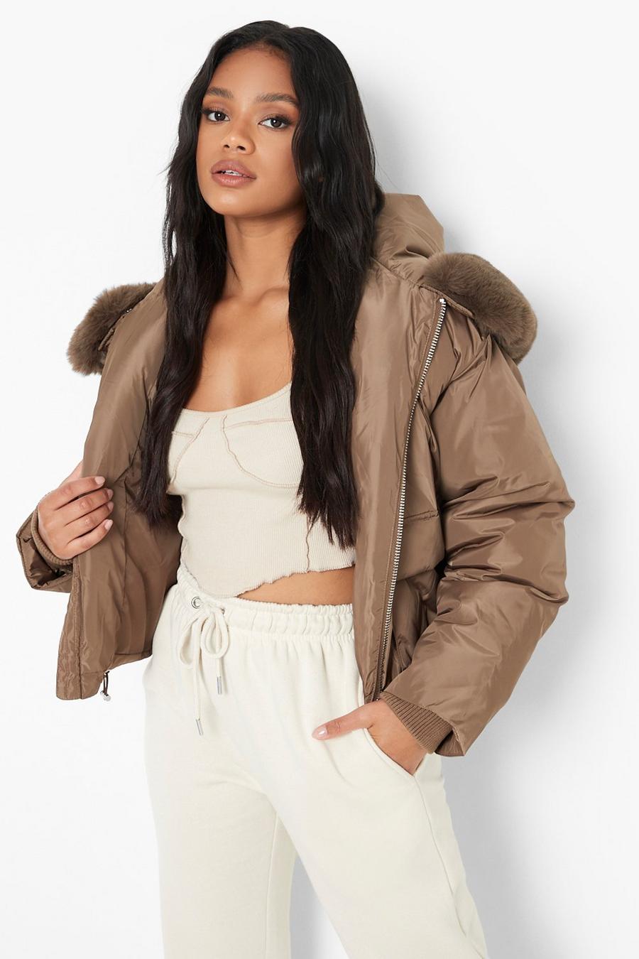 Chocolate Petite Faux Fur Hooded Puffer Bomber image number 1