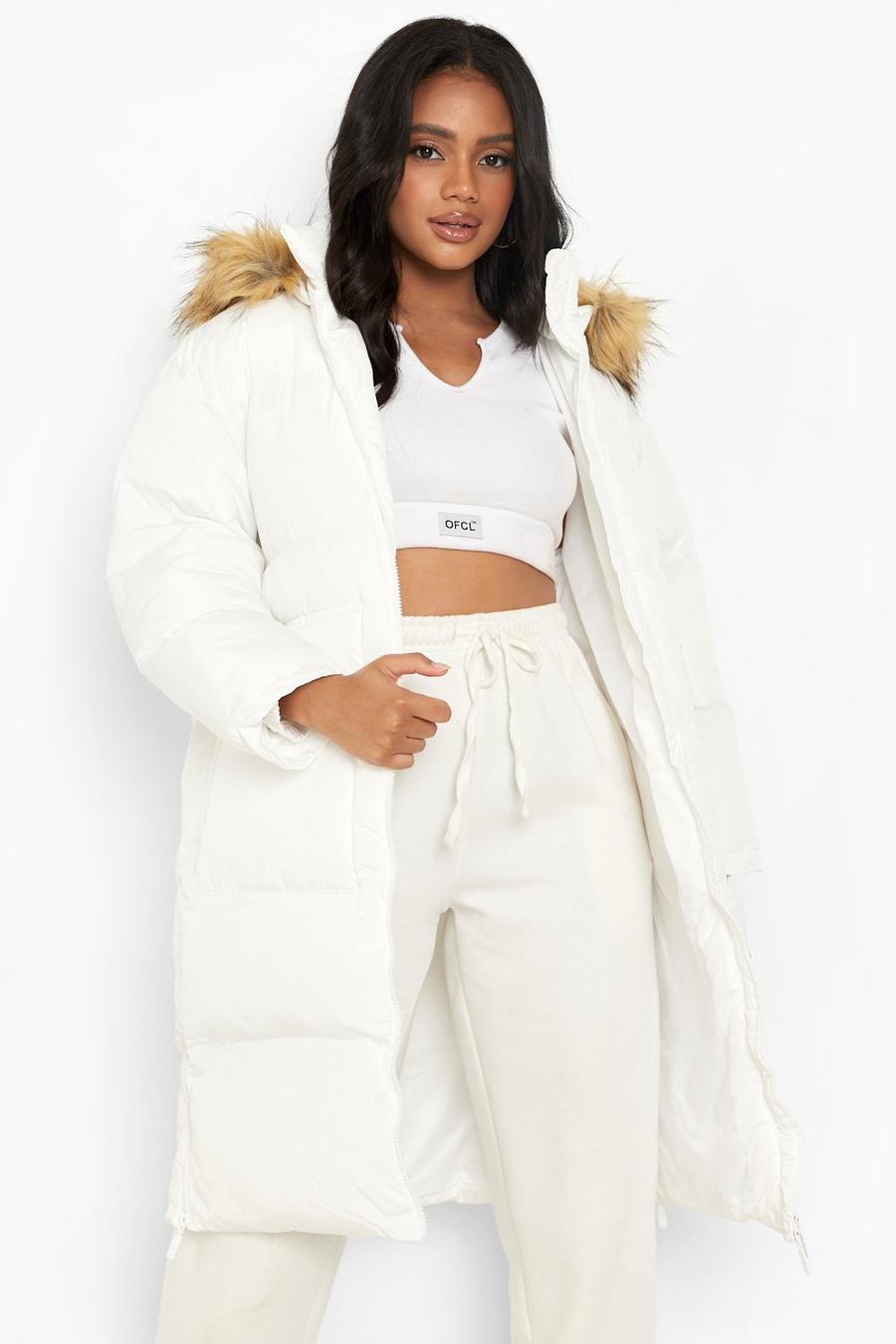 White Petite Faux Fur Trim Longline Puffer Jacket