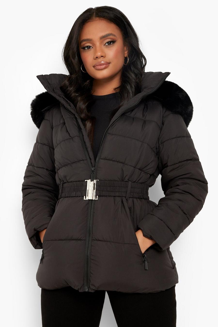 Black Petite Faux Fur Trim Belted Puffer Jacket image number 1