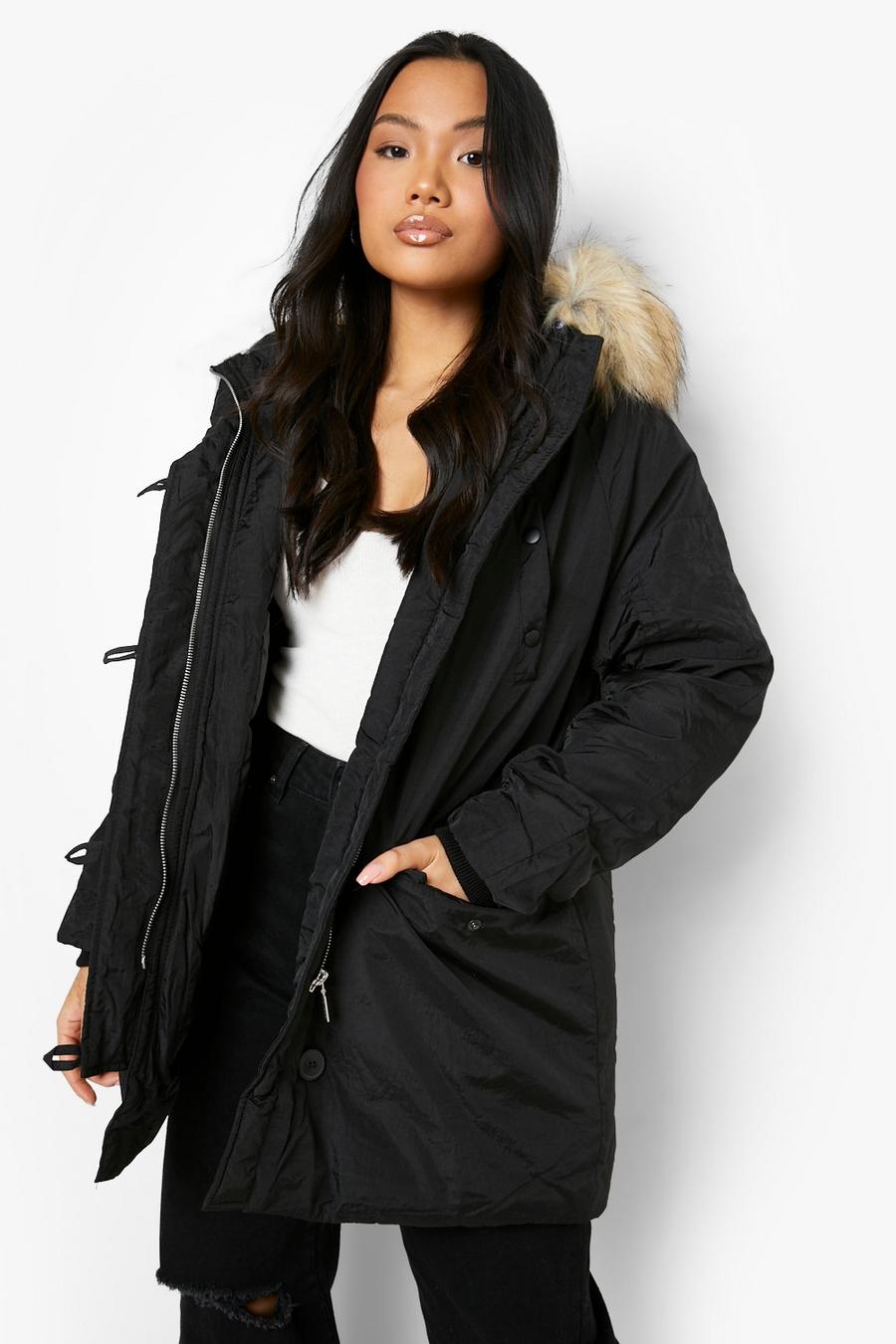 Black Petite Faux Fur Hooded Parka Coat
