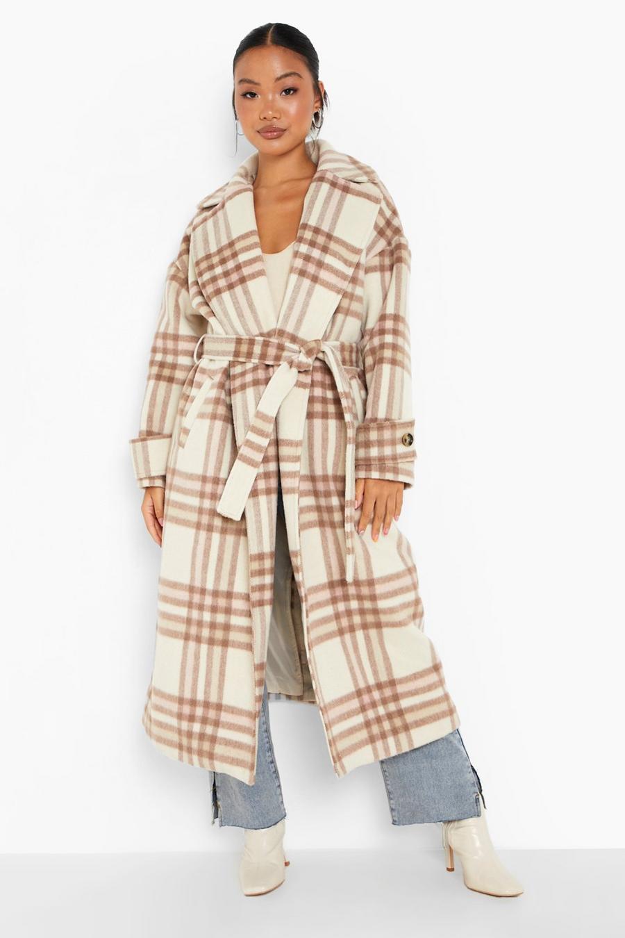 Natural Petite Check Belted Wool Look Coat image number 1