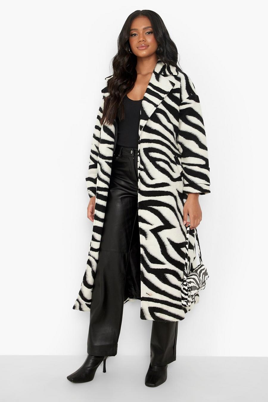 Black Petite Zebra Belted Wool Look Coat image number 1