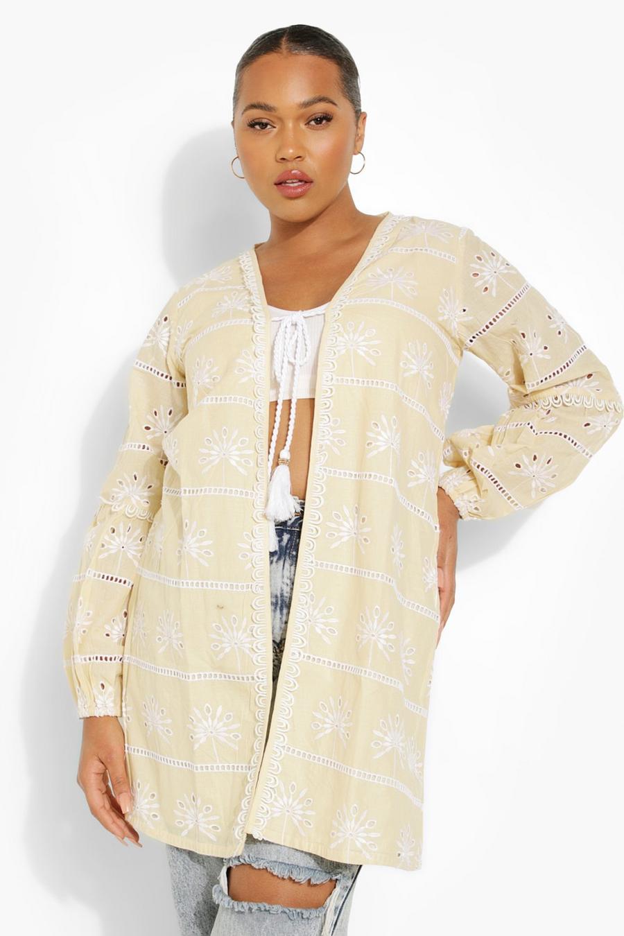 Kimono Plus Size con nappe e ricami, Pietra image number 1