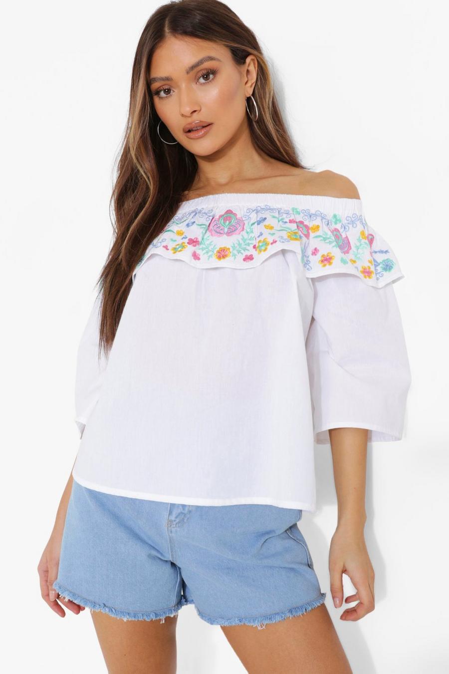 White Plus Embroidered Off Shoulder Top image number 1