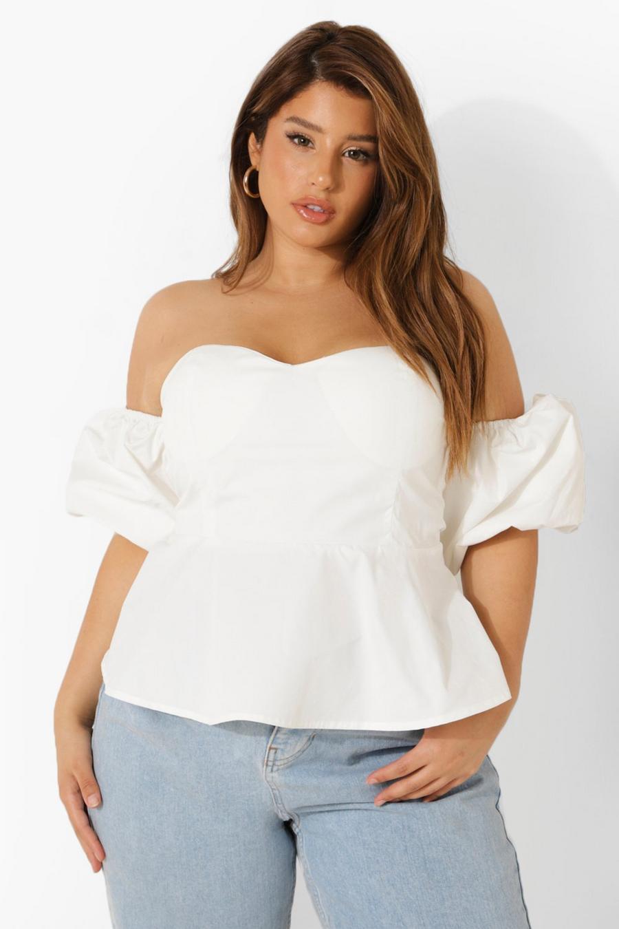 White Plus Woven Puff Sleeve Peplum Top image number 1