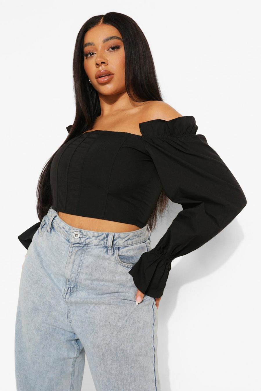 Black Plus Woven Puff Sleeve Off The Shoulder Corset image number 1