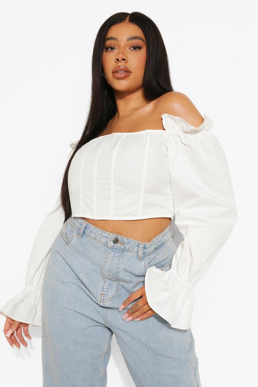 White Plus Woven Puff Sleeve Off The Shoulder Corset image number 1