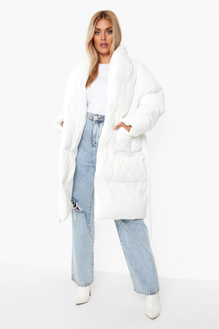 White Plus Longline Wrap Belted Puffer Jacket image number 1