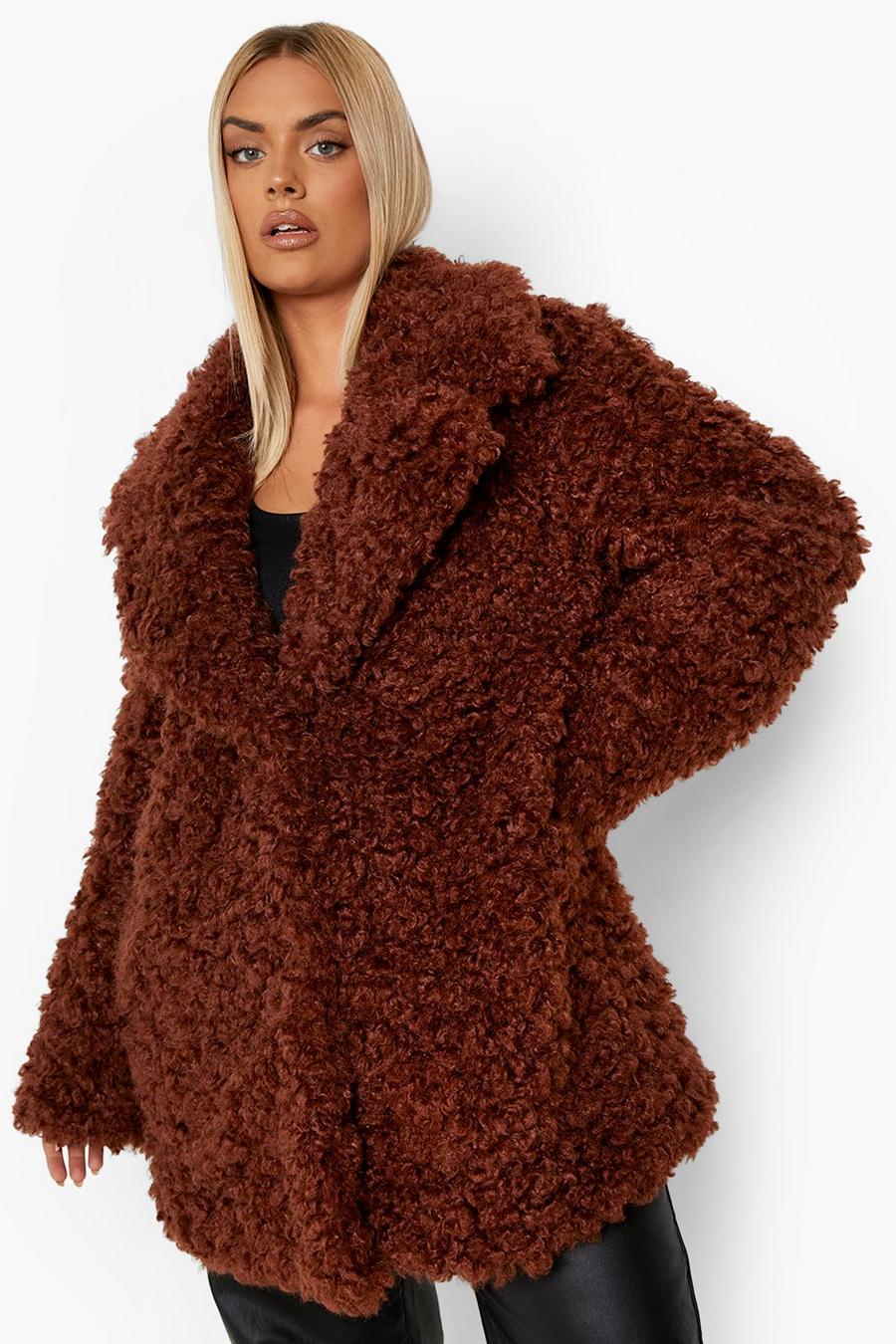 Chocolate brown Plus Teddy Faux Fur Collared Coat image number 1