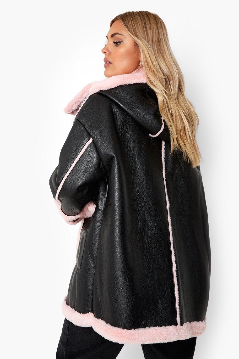 Plus Pink Faux Fur Trim Longline Aviator Jacket