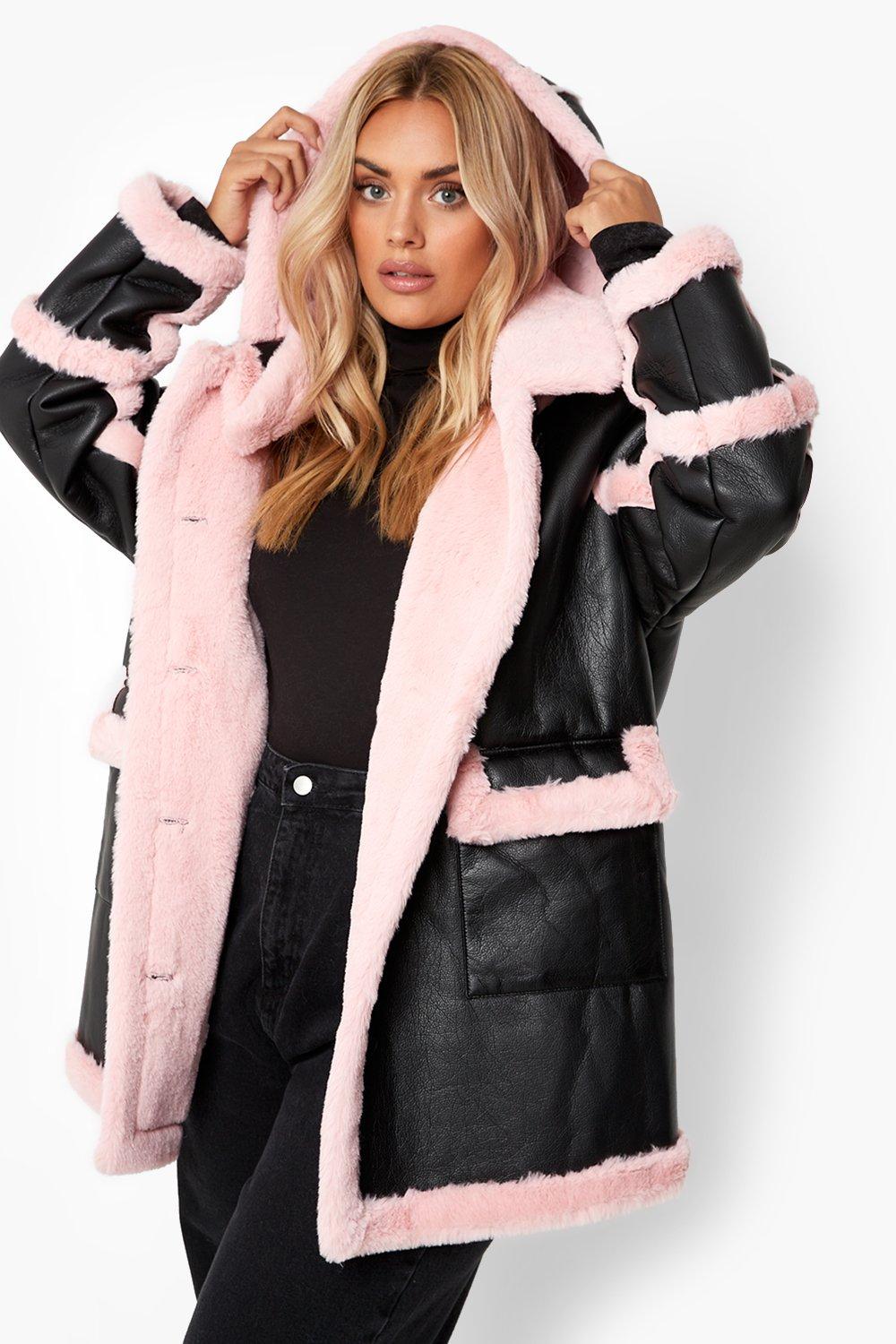 Plus Pink Faux Fur Trim Longline Aviator Jacket boohoo UK