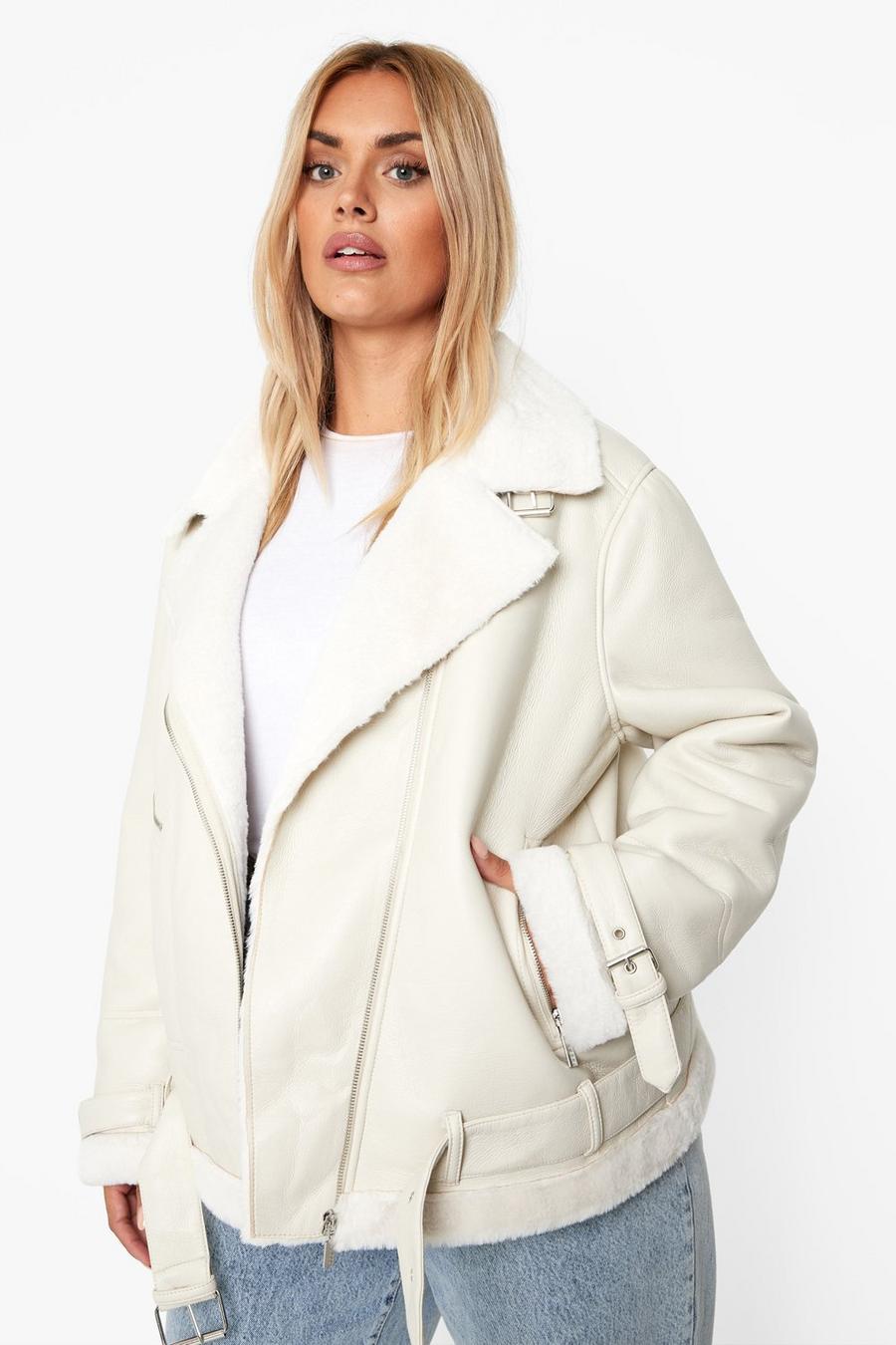 Cream weiß Plus Faux Leather Lined Oversized Aviator Jacket image number 1