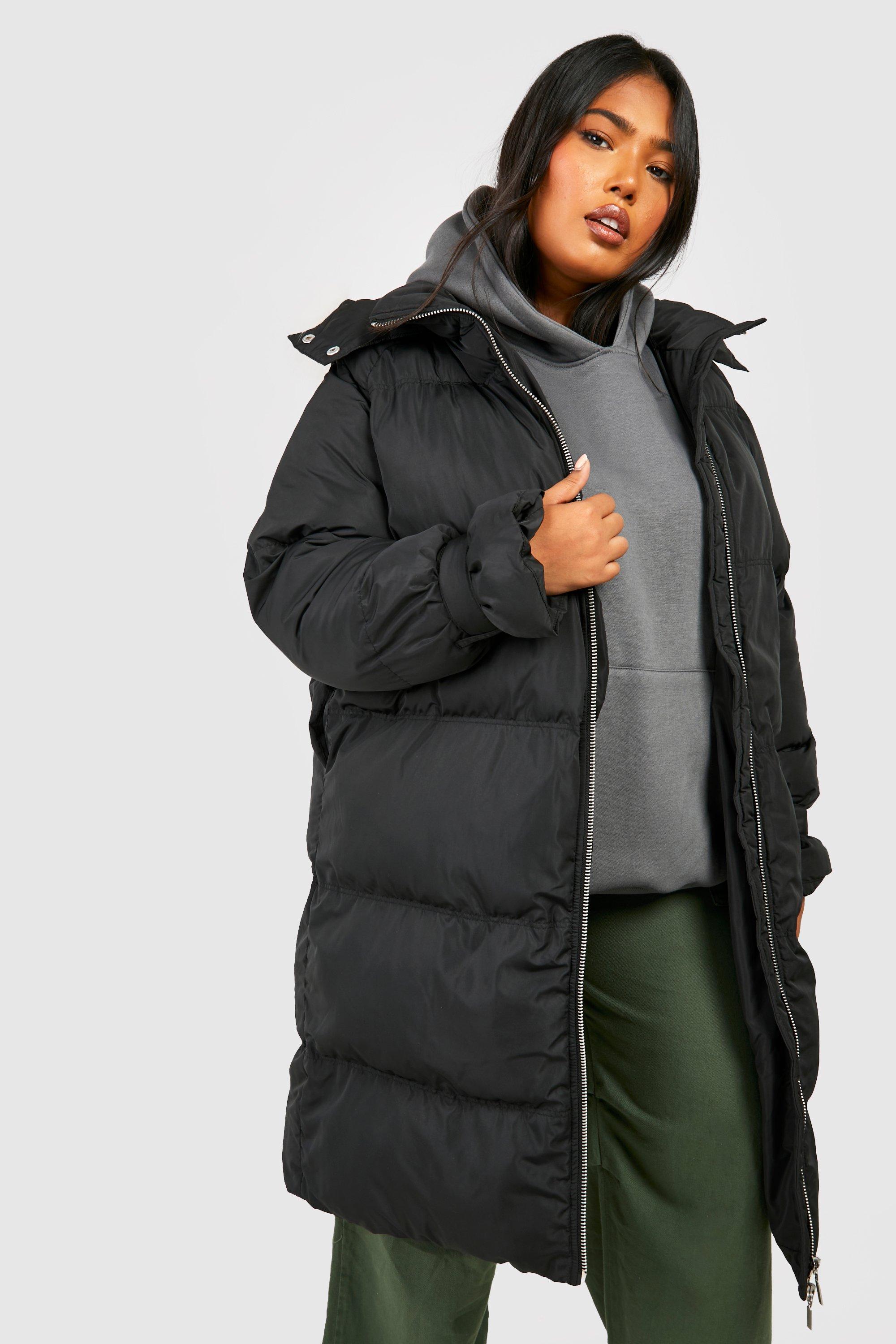 Boohoo padded coat with fur trim and waist detail in black best sale