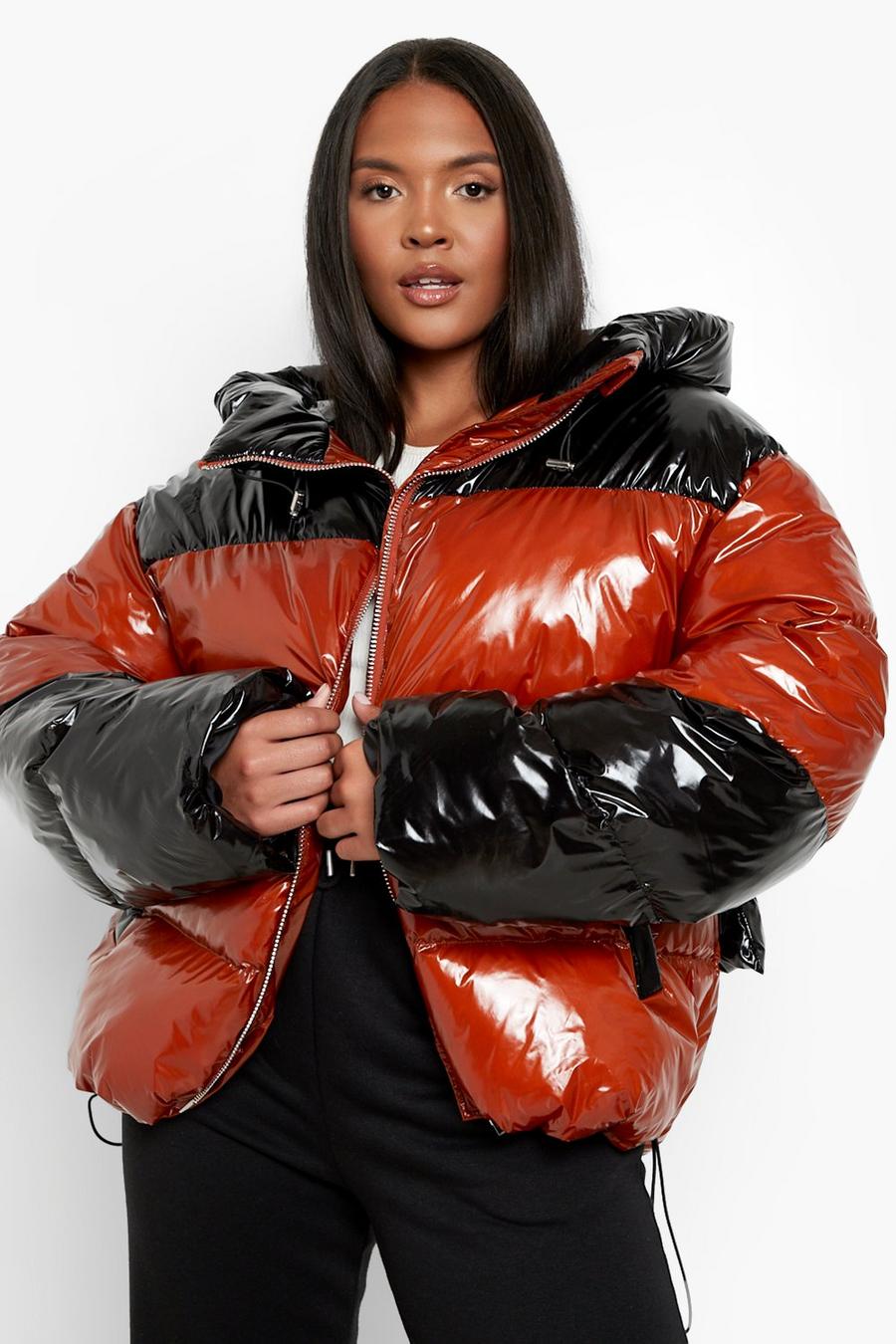 Tan Plus High Shine Panelled Oversized Puffer Jacket image number 1