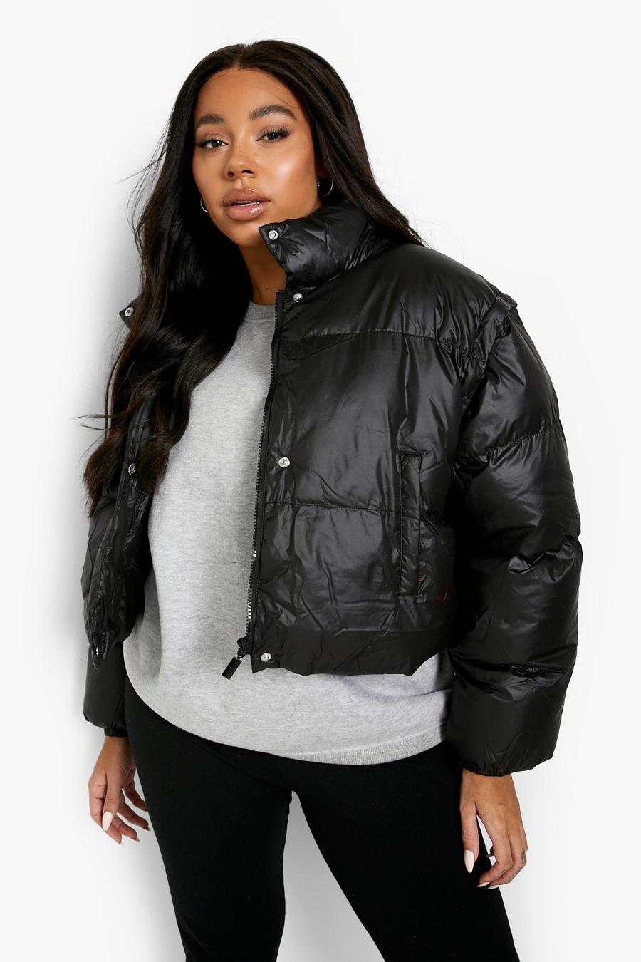 Black Plus Detachable Sleeve Cropped Puffer Jacket image number 1