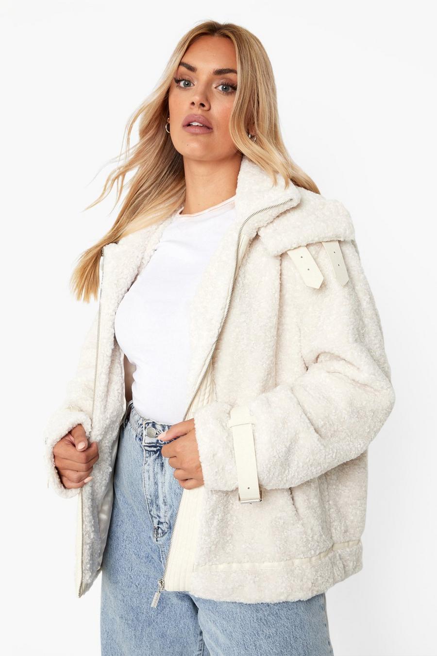 Cream white Plus Teddy Faux Fur Double Collar Aviator Jacket image number 1