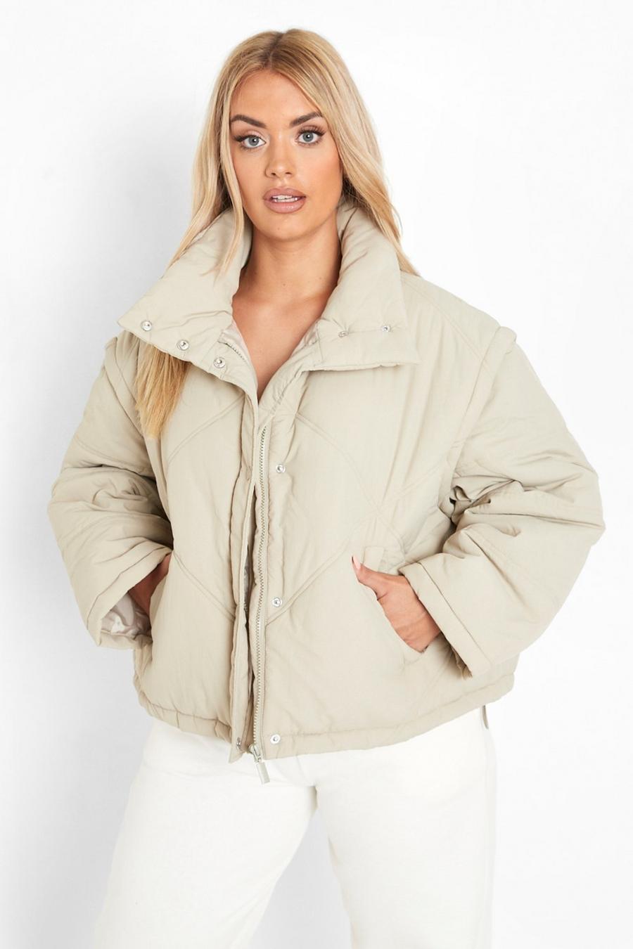 Taupe Plus Detachable Sleeve Funnel Neck Puffer Jacket image number 1