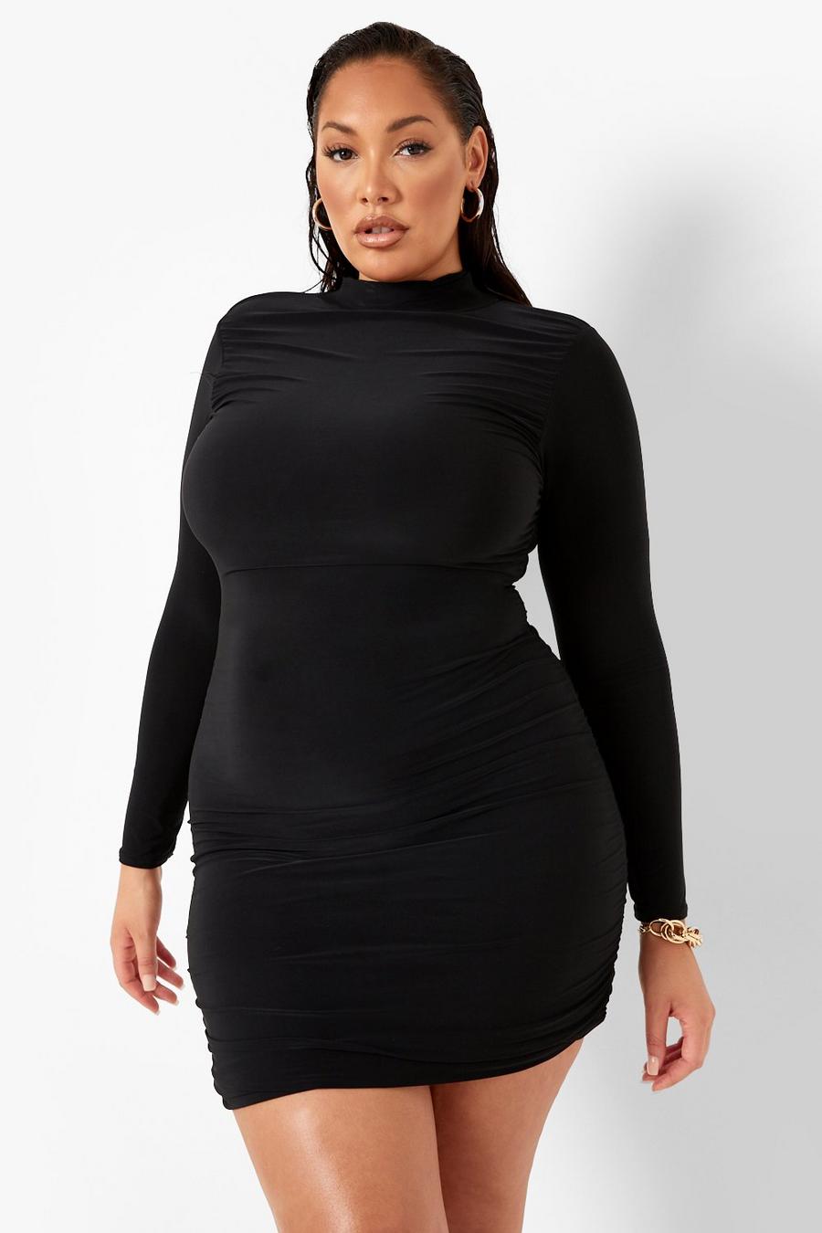 Black Plus Premium Slinky Ruched High Neck Dress image number 1