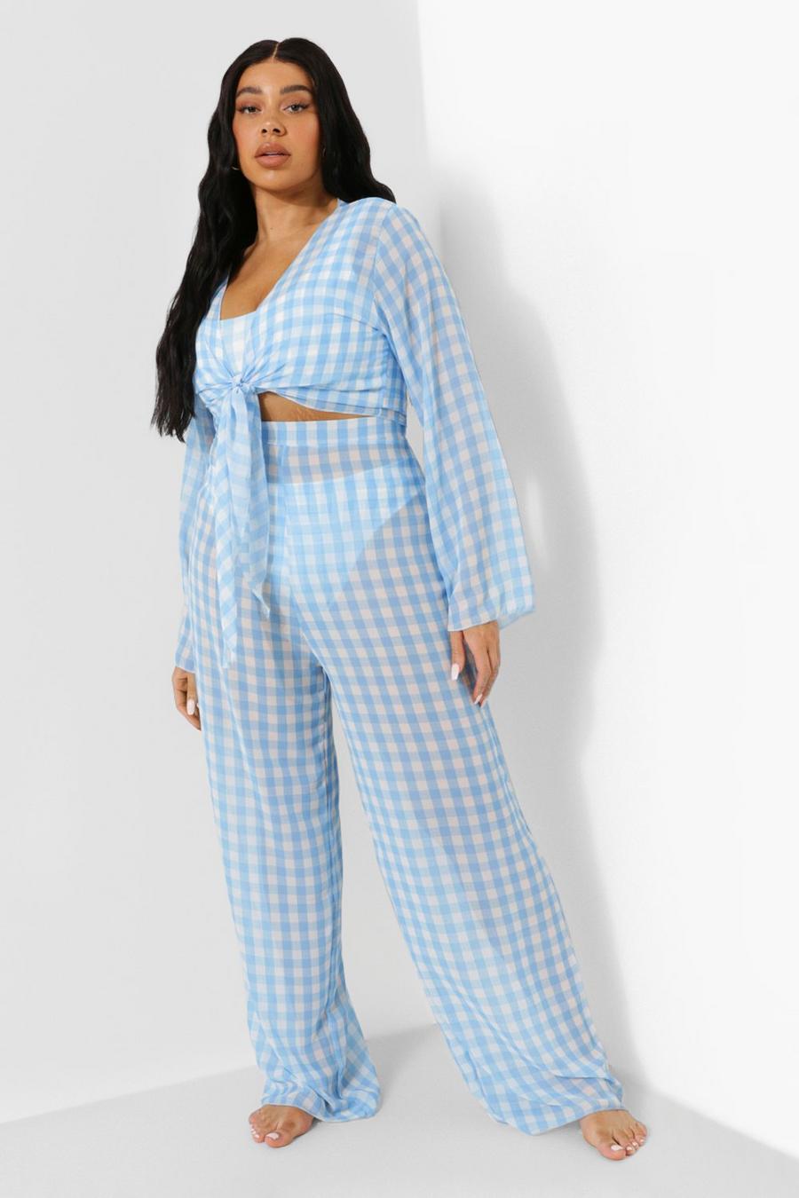 Baby blue Plus Gingham Beach Pants image number 1