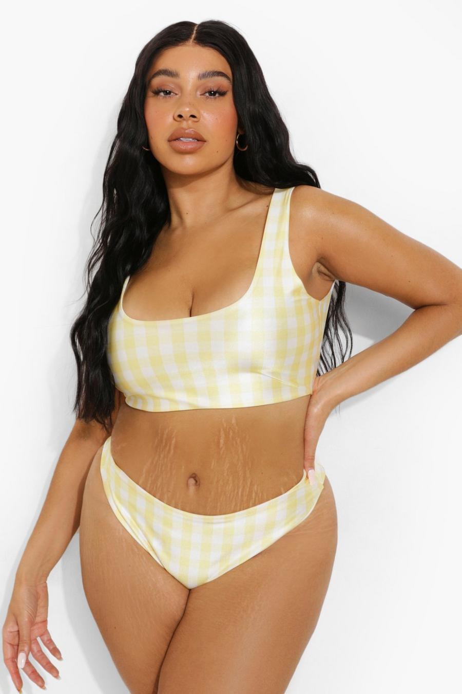 Yellow Plus Gingham Bikini Top Met Lage Ronde Hals image number 1