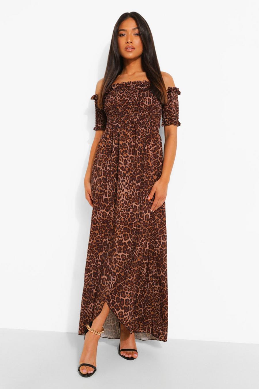 Natural Petite Leopard Shirred Wrap Front Maxi Dress image number 1