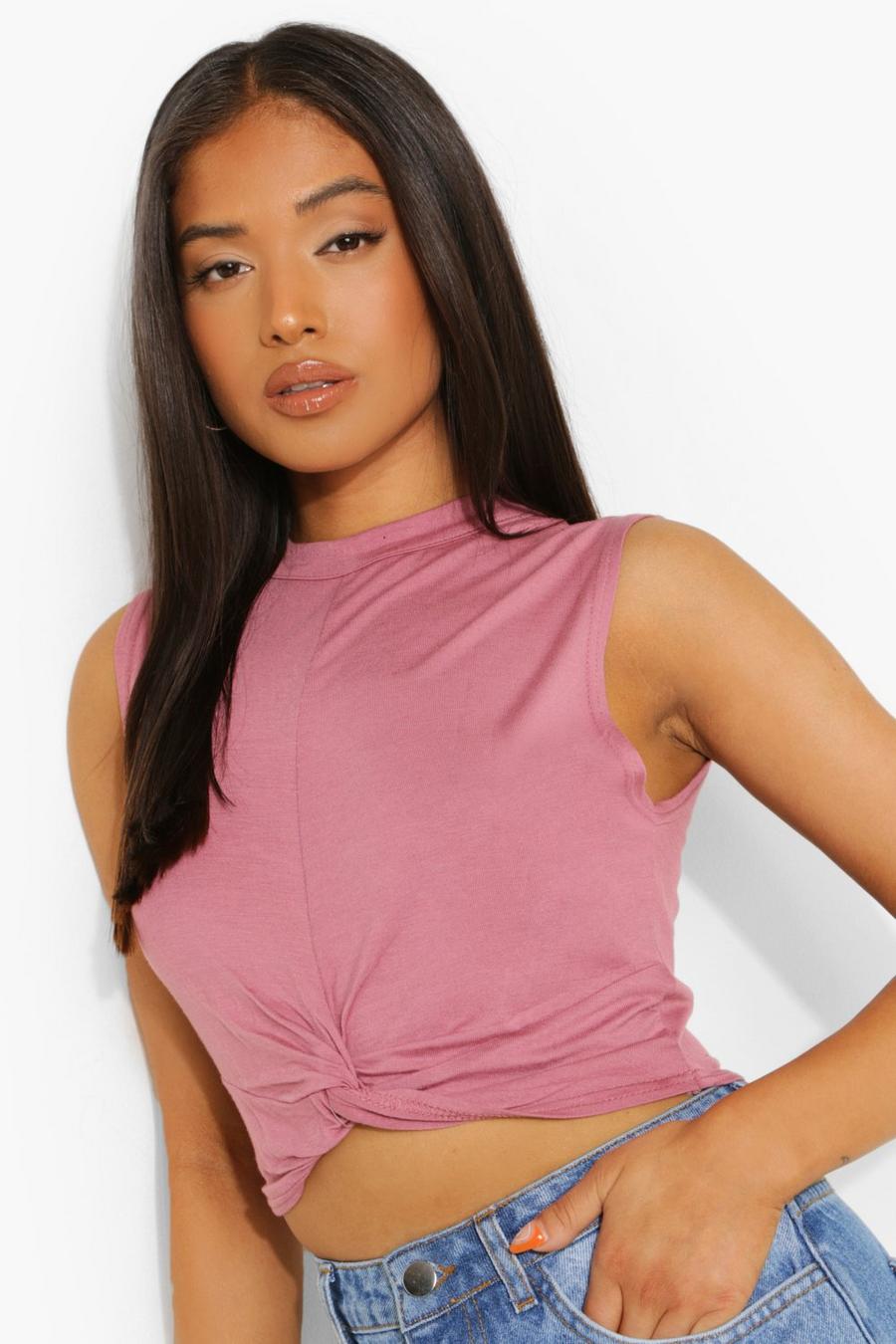 Rose Petite Knot Front Cropped Tank Top image number 1