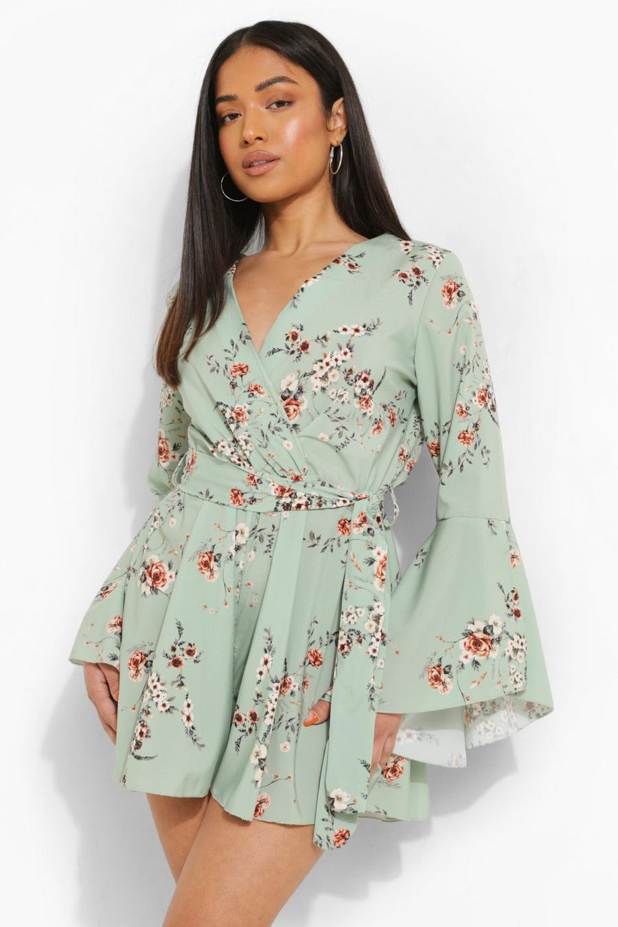 Mint green Petite Floral Flare Sleeve Tie Waist Playsuit image number 1