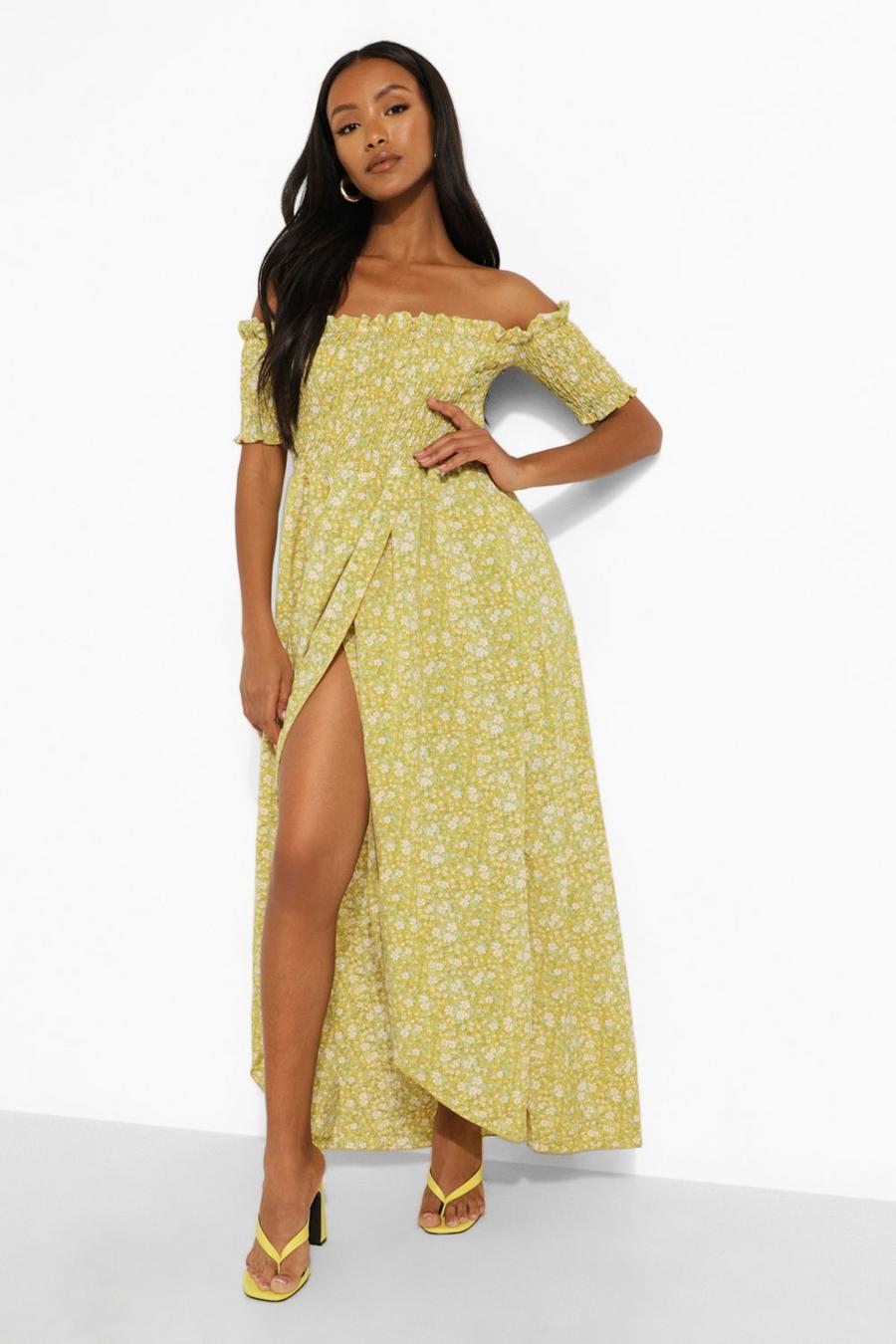 Yellow Petite Ditsy Shirred Wrap Front Maxi Dress image number 1