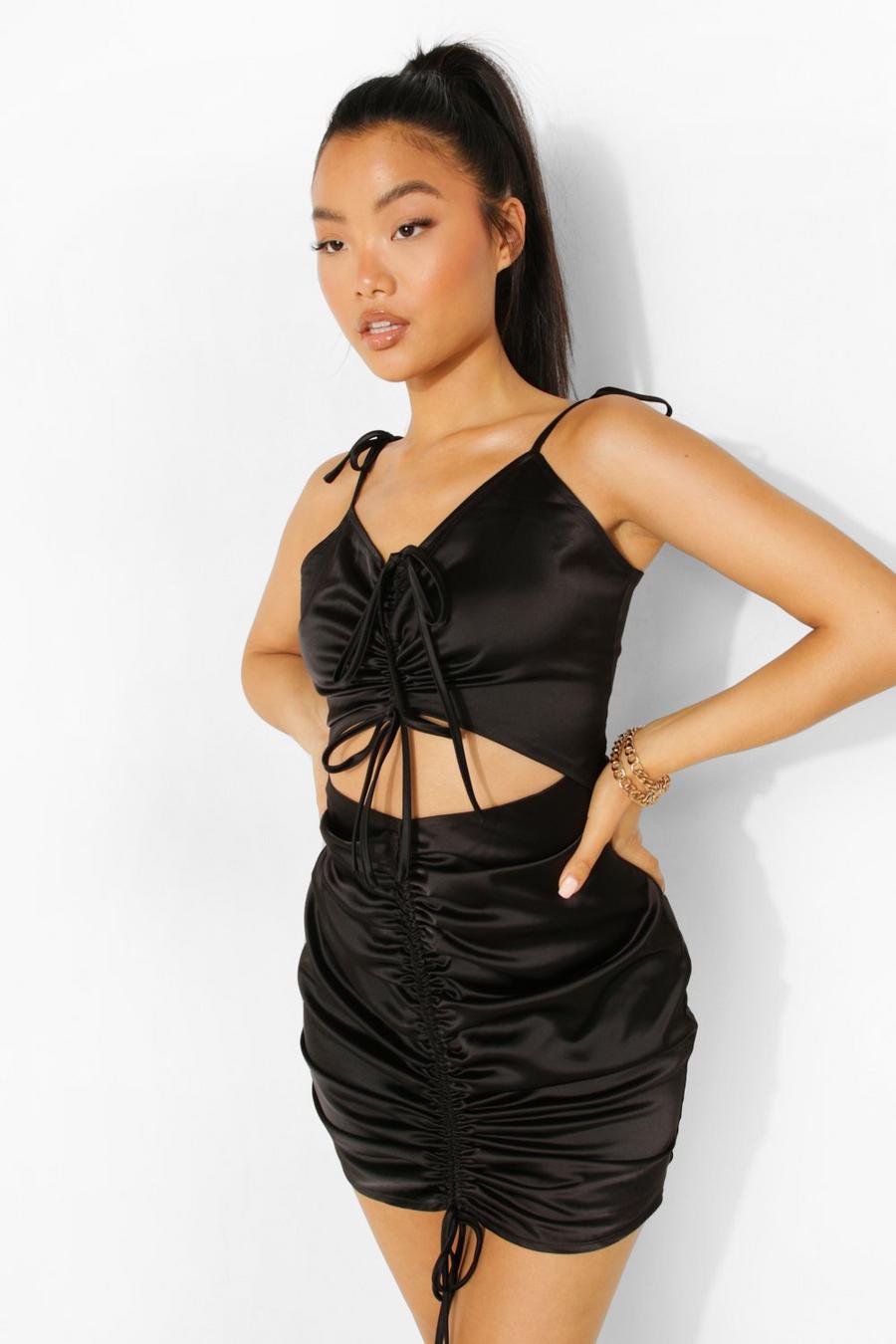 Black Petite Strappy Ruched Front Cut Out Mini Dress image number 1