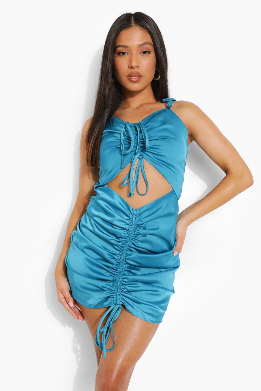 Turquoise Petite Strappy Ruched Front Cut Out Mini Dress image number 1
