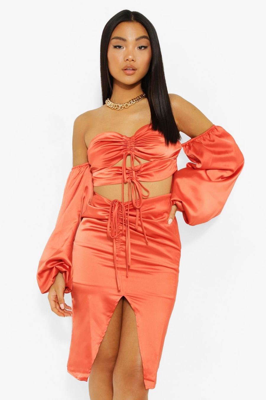 Orange Petite Extreme Puff Sleeve Ruched Crop Top image number 1
