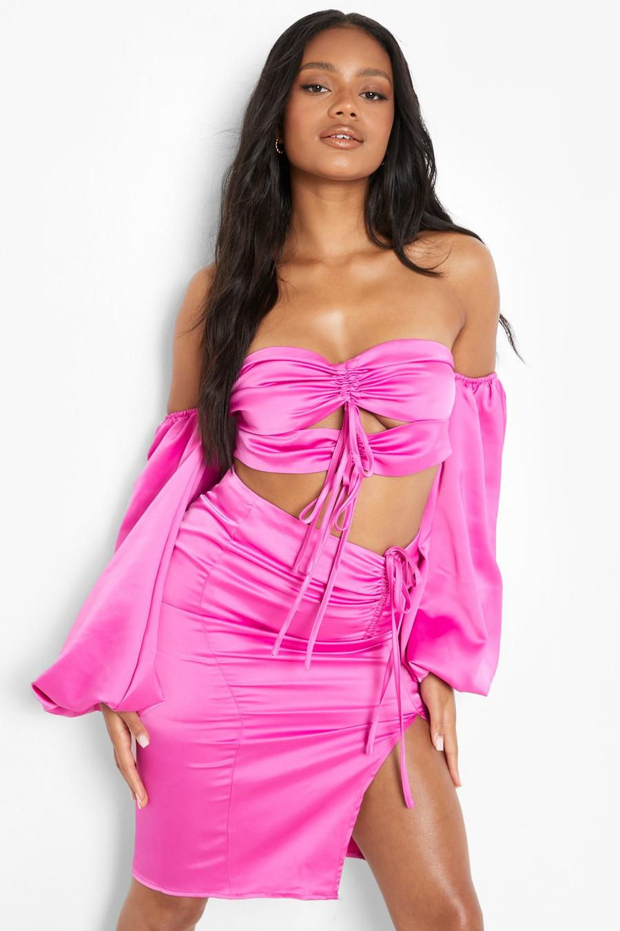 Hot pink Petite Ruched Detail High Waist Midi Skirt