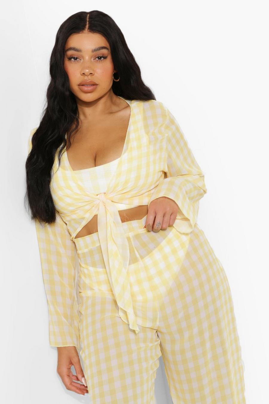 Yellow Plus Gingham Tie Front Beach Top image number 1