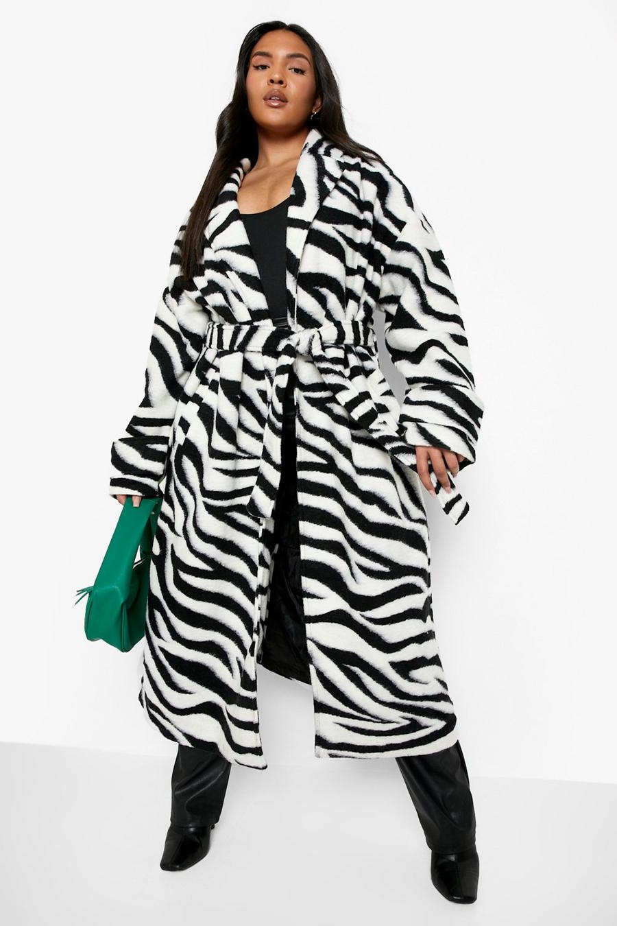 Cappotto Plus Size effetto lana zebrato con cintura, Black image number 1