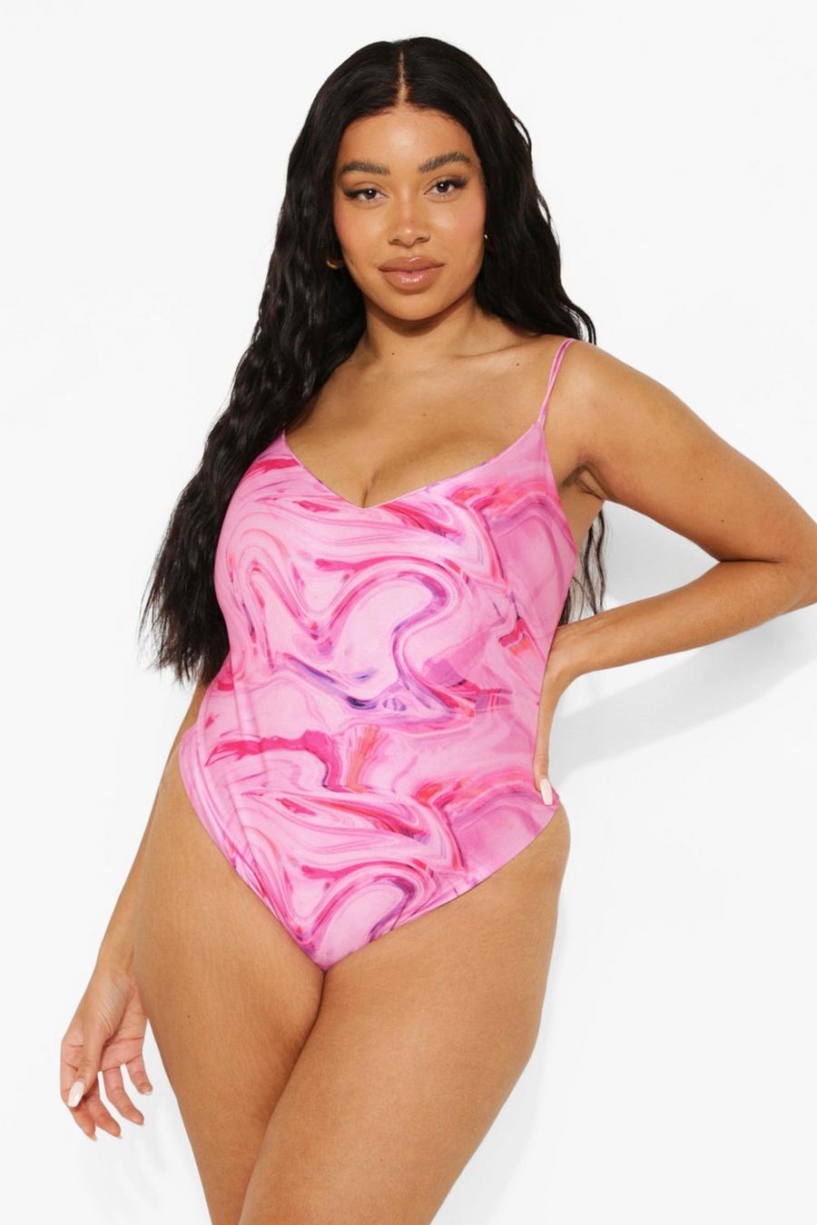 Hot pink Plus Marble Print Swimsuit image number 1