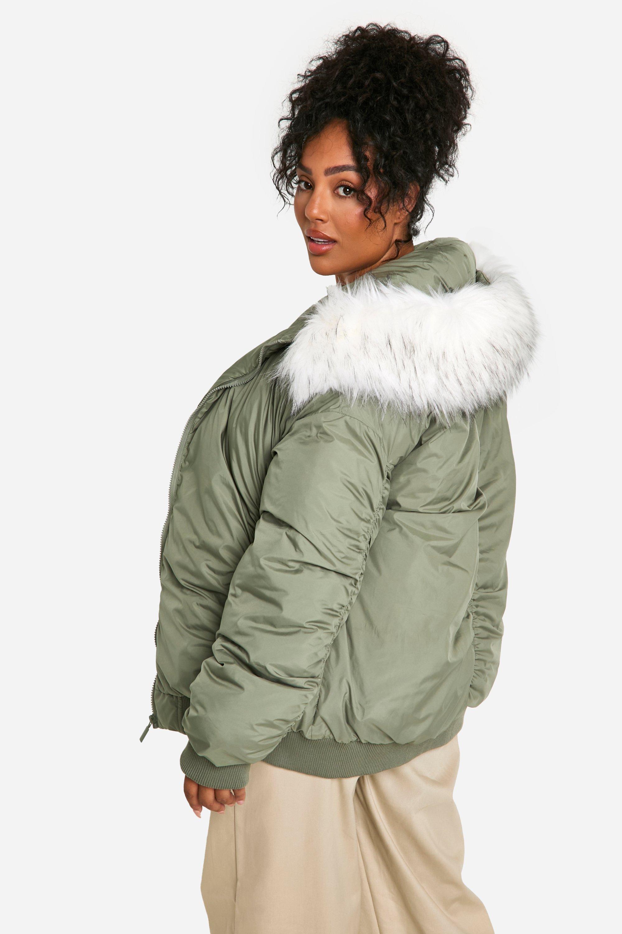 Green faux fur bomber jacket sale