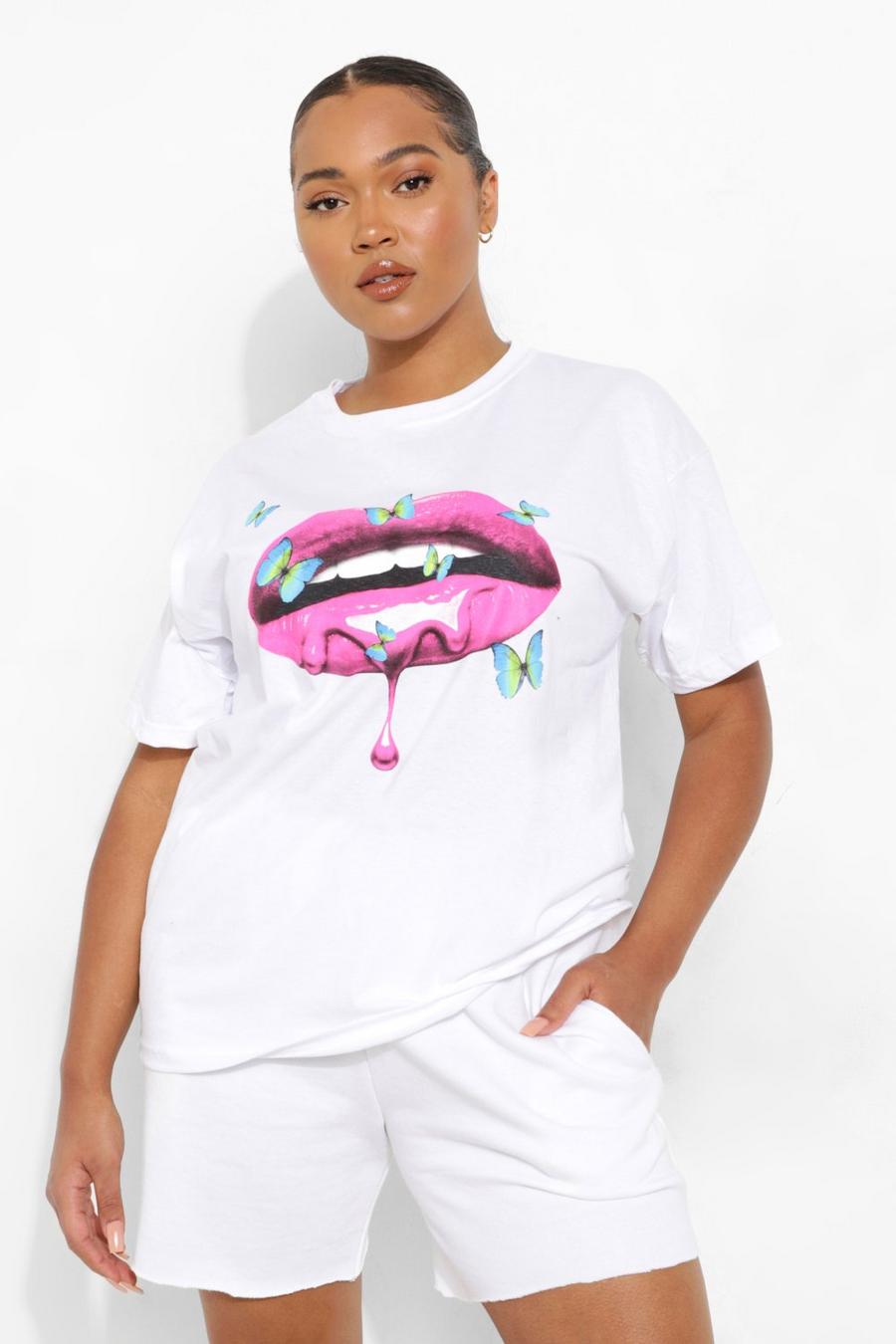 T-shirt con stampa di farfalle e labbra in stile glossy Plus, Bianco image number 1