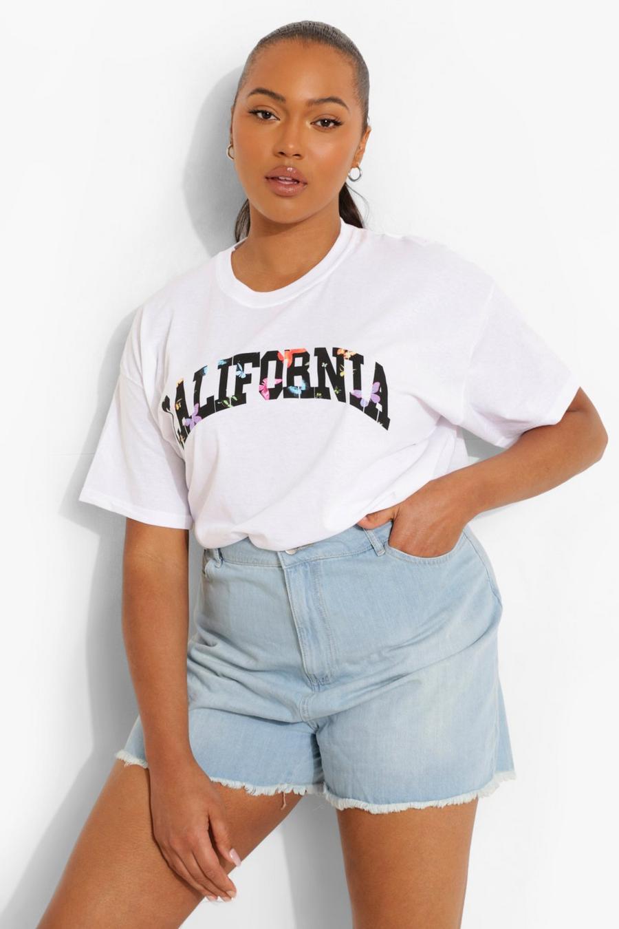 T-shirt oversize con scritta California e stampa di farfalle Plus, Bianco image number 1