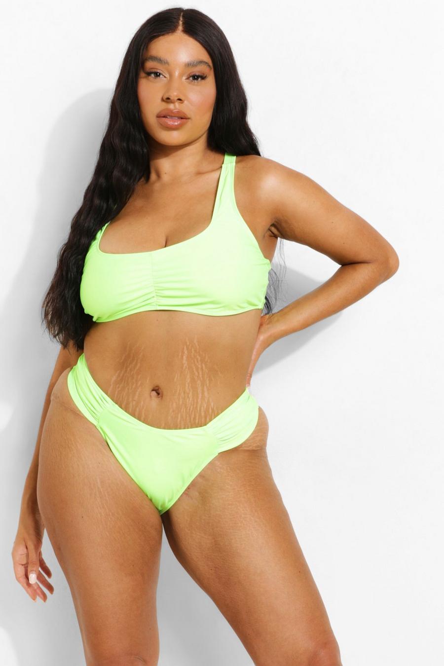 Neon-lime Plus - Bikini med rynkade detaljer och låg urringning image number 1
