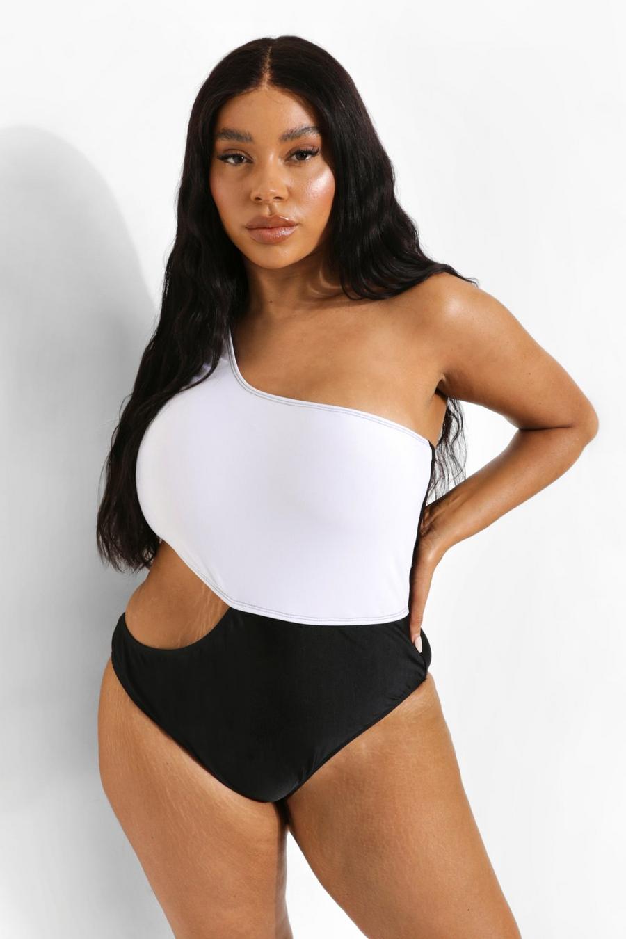 Black_white Plus Asymmetric Color Block Cut Out Swimsuit image number 1