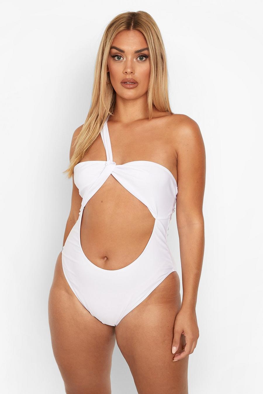 White Plus One Shoulder Twist Swimsuit