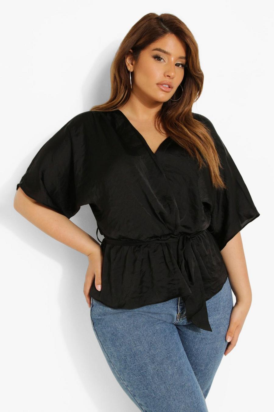Top Plus Size a incrocio in raso, Black image number 1