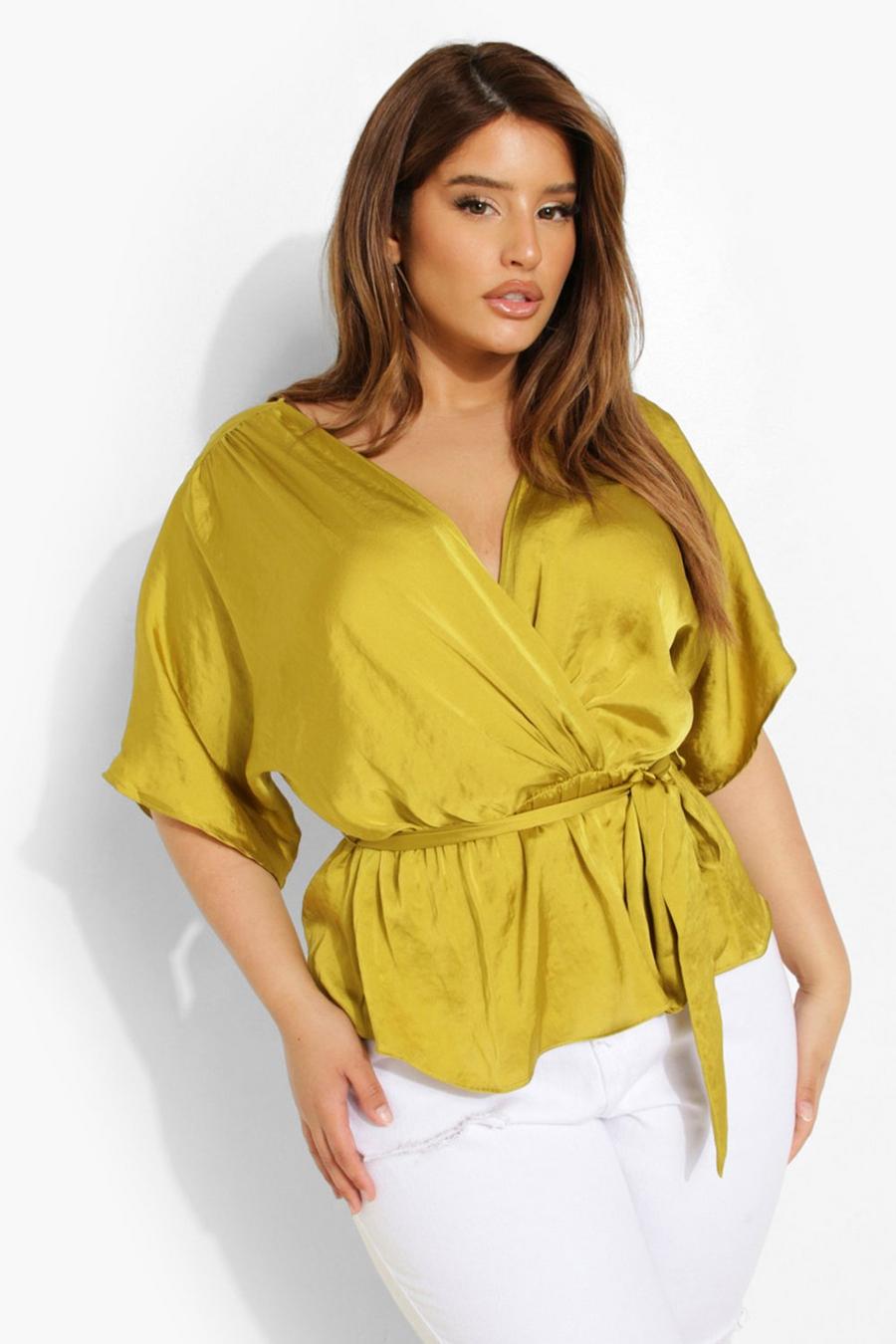 Chartreuse Plus Satin Woven Wrap Top image number 1