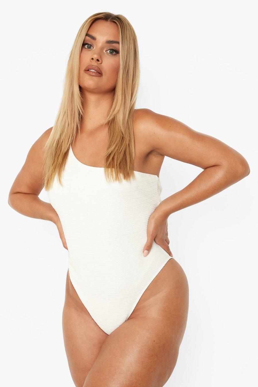 White Plus One Shoulder Crinkle Swimsuit image number 1