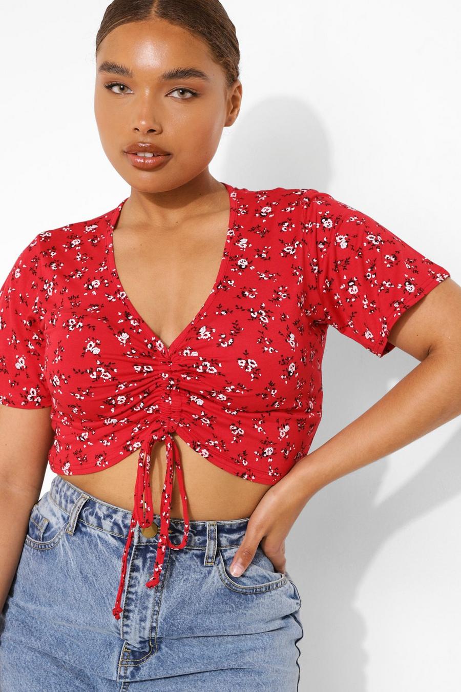 Red Plus Ditsy Floral Ruched Front Top image number 1