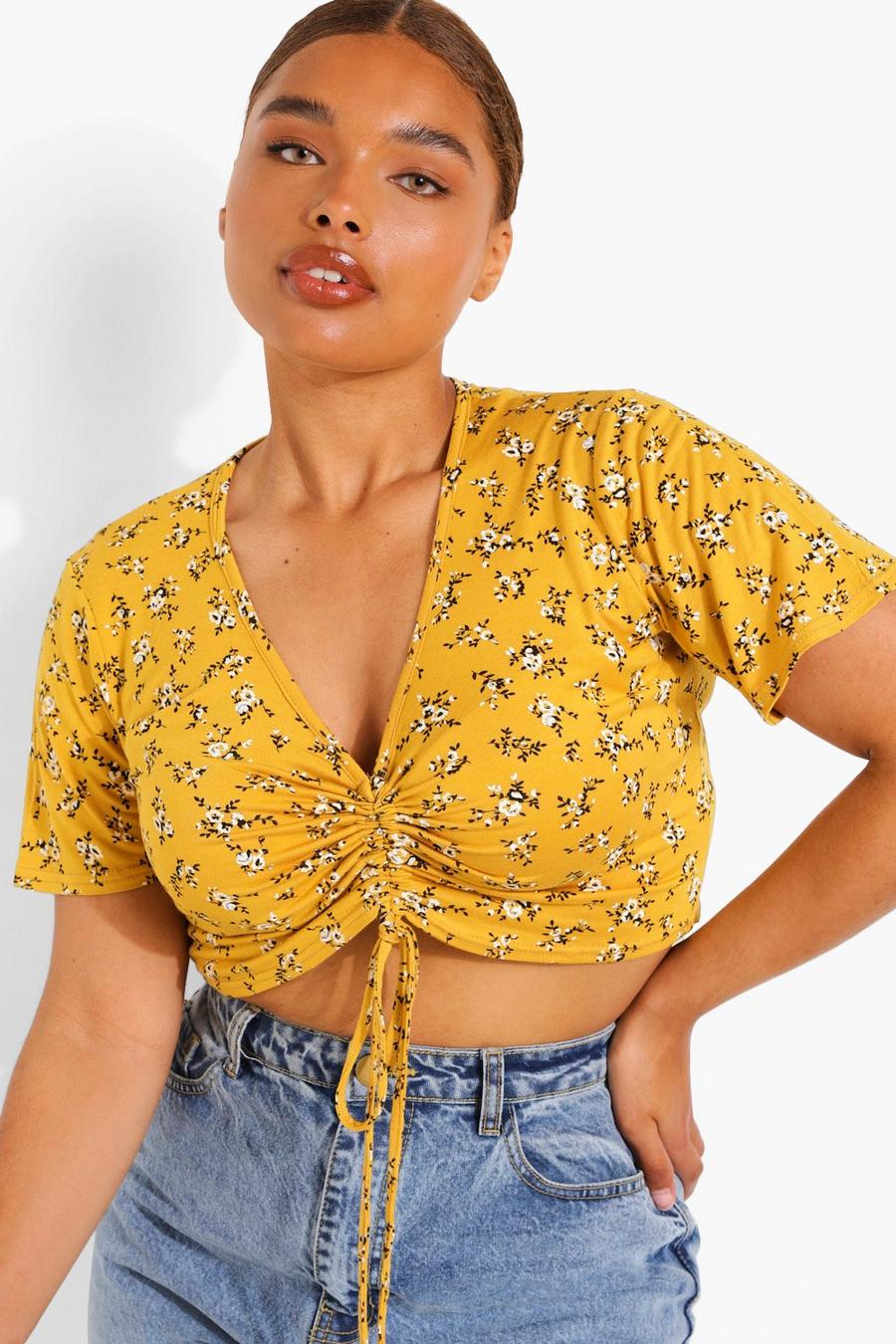 Yellow Plus Ditsy Floral Ruched Front Top image number 1